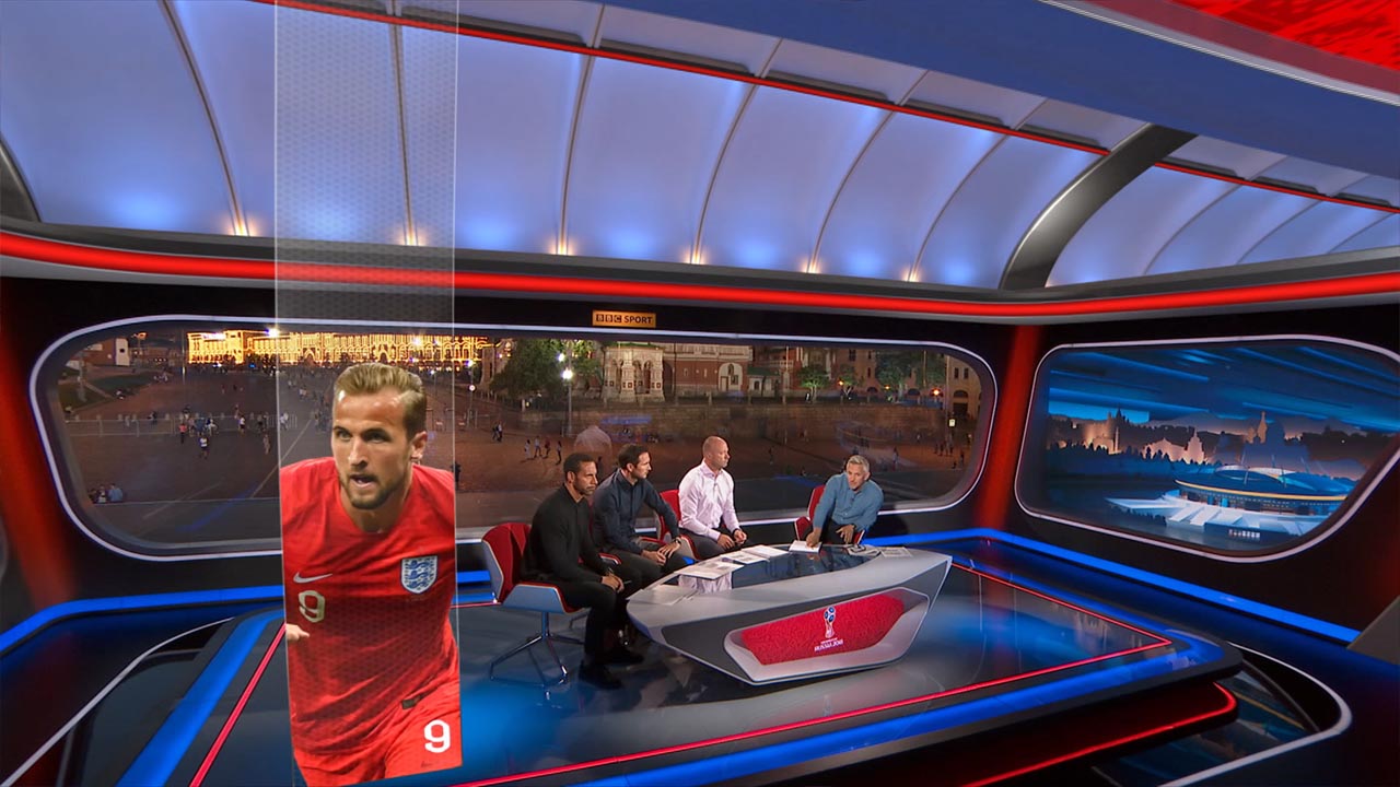 Virtual Set and virtual windows, designed and built for BBC Sports World Cup 2018 Studio